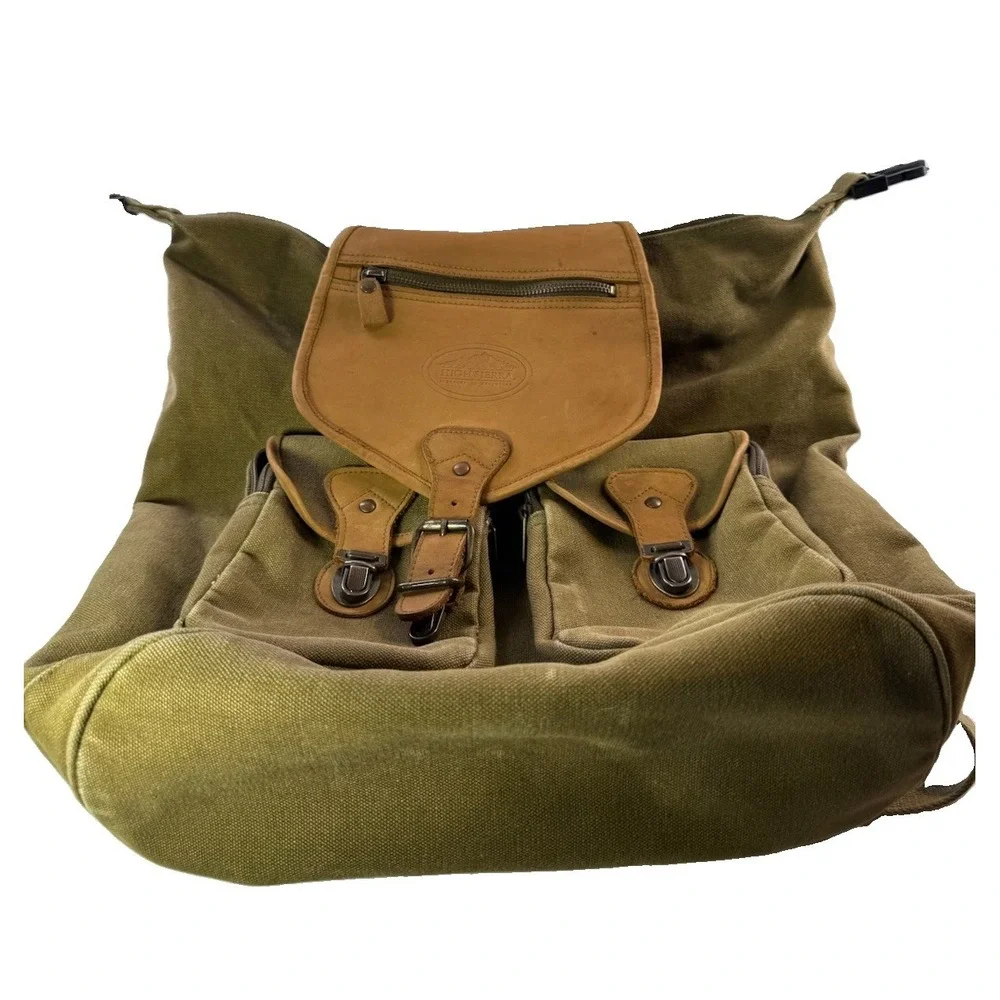 Vintage High Sierra Canvas Leather Backpack Rucksack Hiking Travel Bag Olive Tan